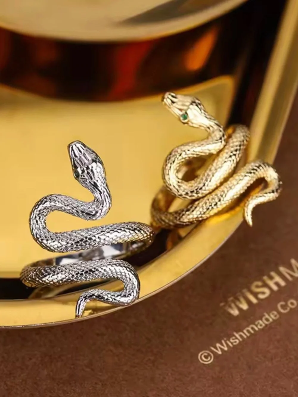 Gold Snake Wrap Ring with Green Eyes
